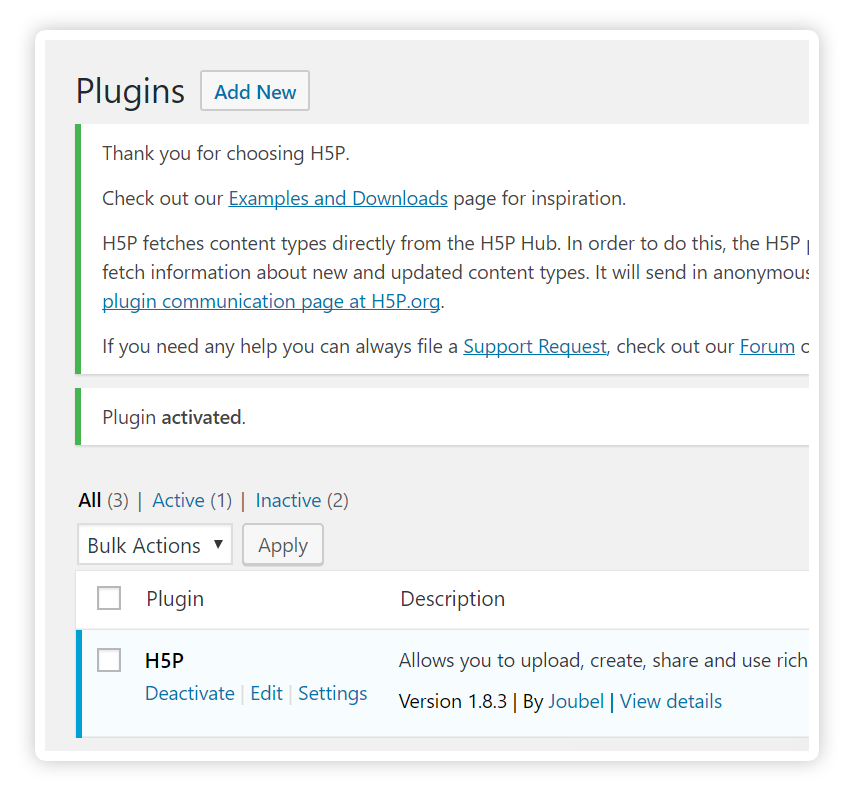 H5P in the list of installed plugins