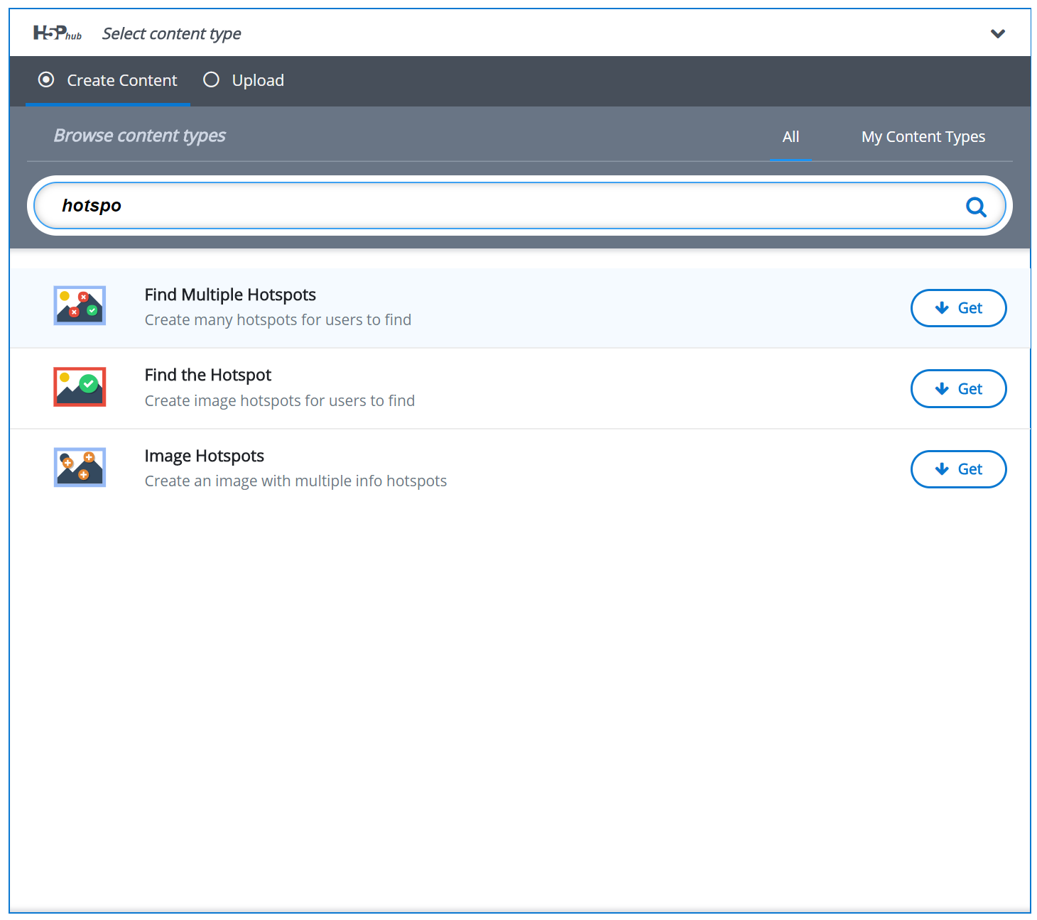 An image showing results of searching through Content Types